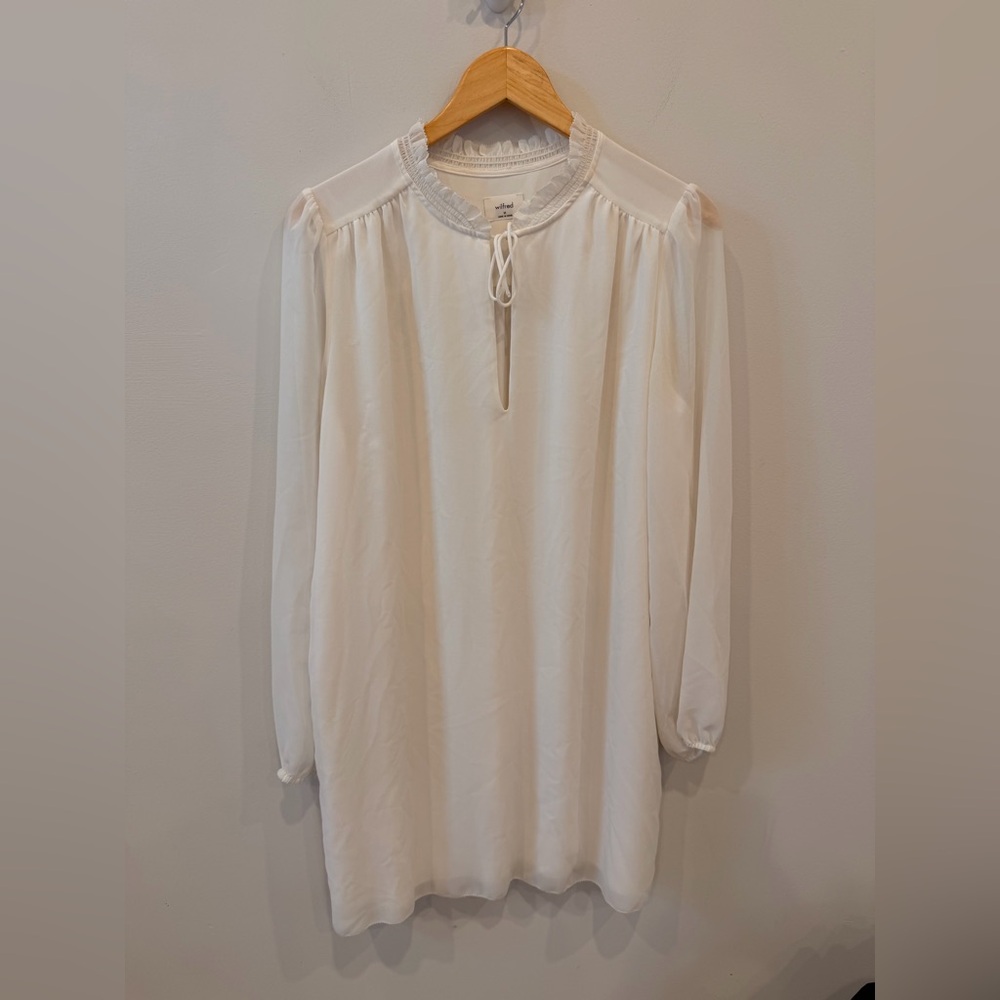 Wilfred Aritzia Ivory Sheer Tie Neck Dress | Long Sleeve Ruffle‎ Detail | Size M